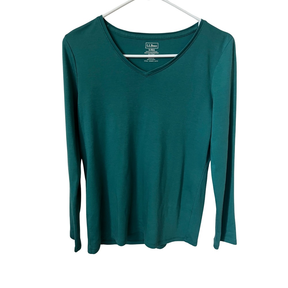 L.L.Bean Women's Small Supima Cotton V Neck Long Sleeve Shirt Teal Green